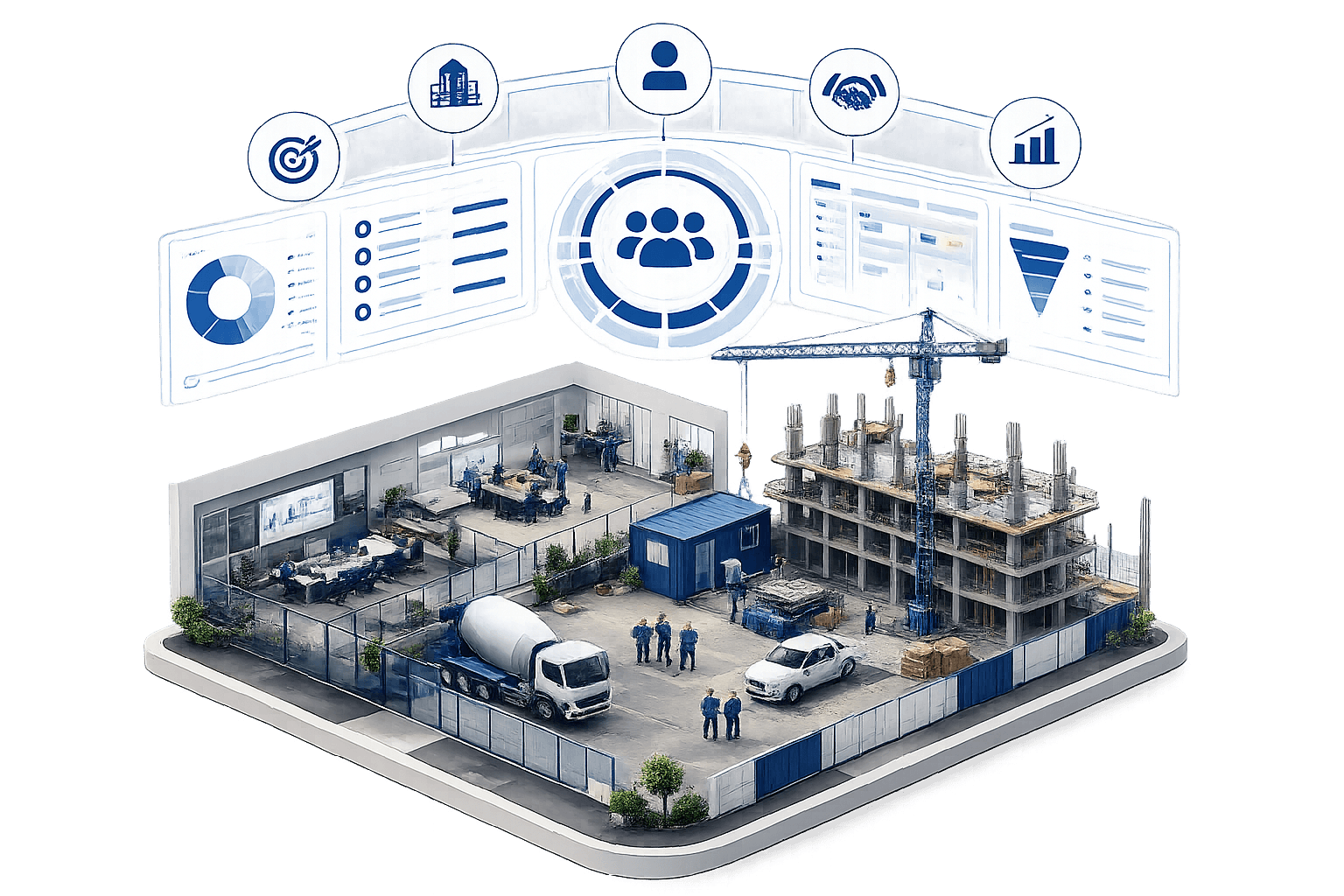 Construction CRM dashboard concept with job site, crane, team and analytics panels